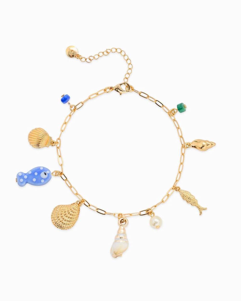 NEW SESSORI women's tidepool treasure charm anklet in blue ceramic fish & shell